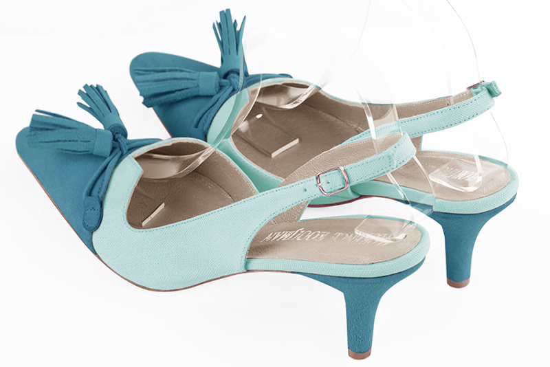 Turquoise blue women's open back shoes, with a knot. Tapered toe. Medium slim heel. Rear view - Florence KOOIJMAN